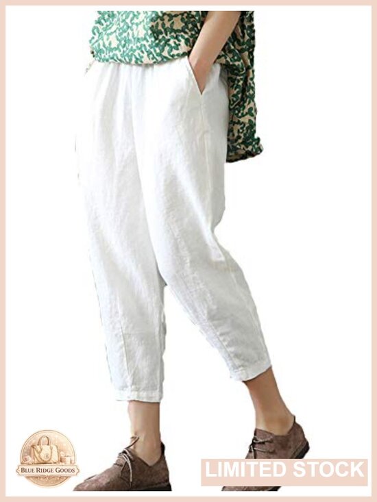Pants - Linen Cropped Pants Tapered Ankle Capris Elastic Waist Pull-On